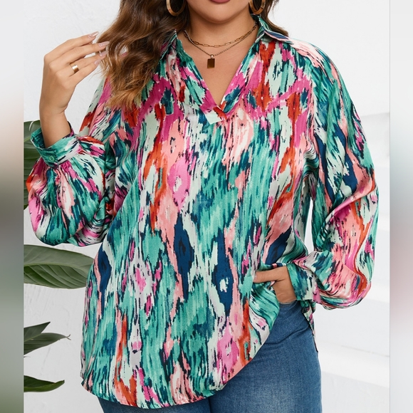 Taylor Curvy Printed Canvas Blouse - Teal - Picture 4 of 6